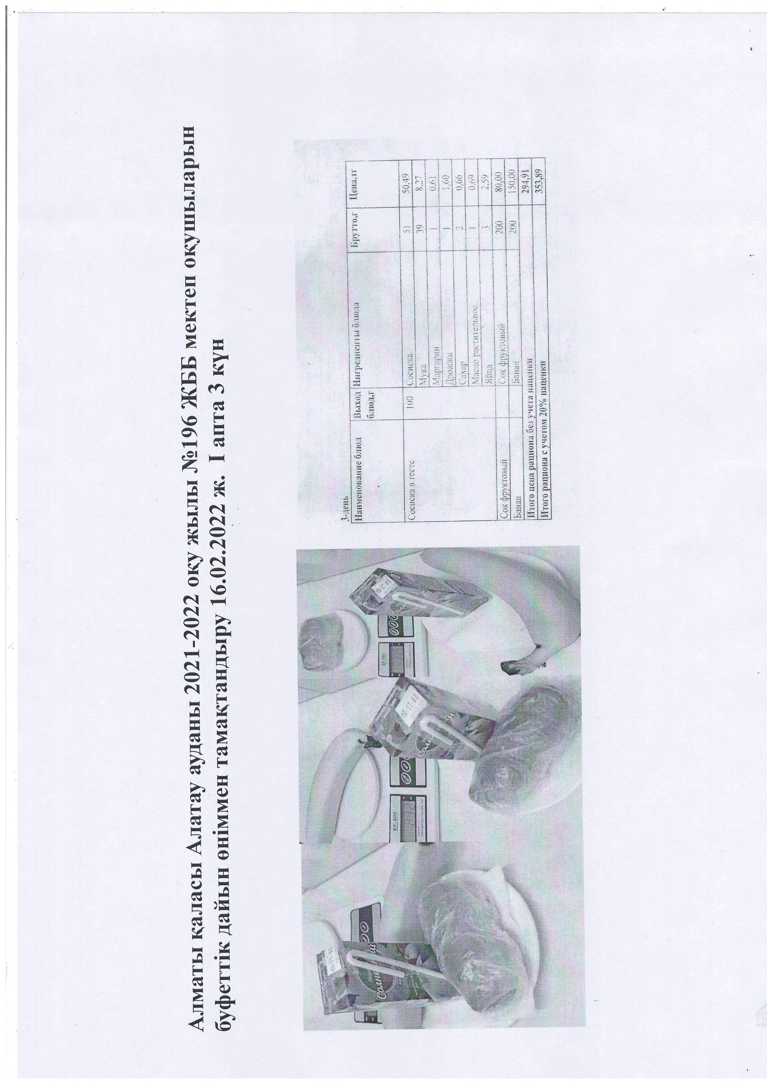 Алматы қаласы Алатау ауданы 2021-2022 оқу жылы №196 ЖББ мектеп оқушыларын  буфеттік дайын өніммен тамақтандыру 16.02.2022 ж.  І апта 3 күн