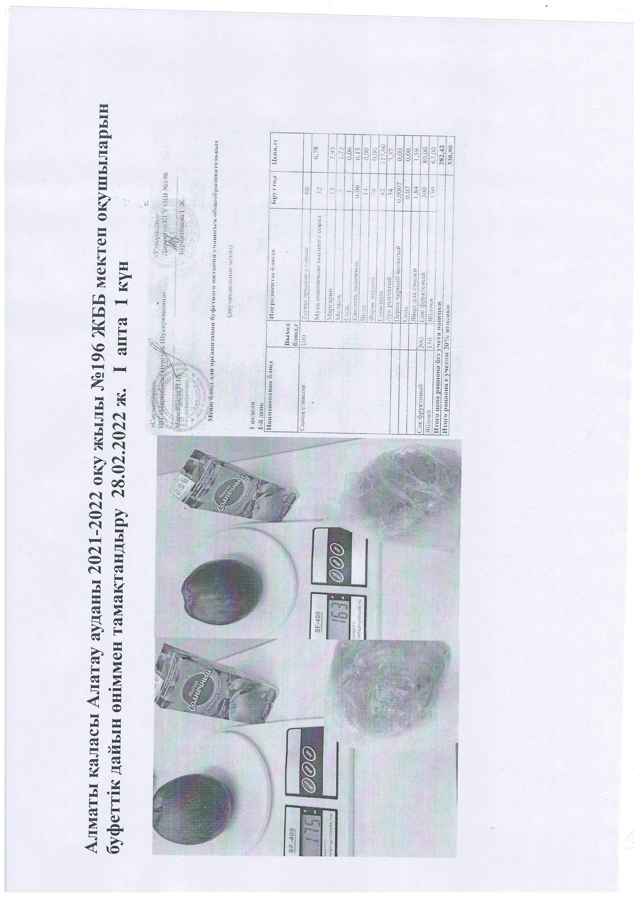 Алматы қаласы Алатау ауданы 2021-2022 оқу жылы №196 ЖББ мектеп оқушыларын  буфеттік дайын өніммен тамақтандыру  28.02.2022 ж.   І  апта  1 күн