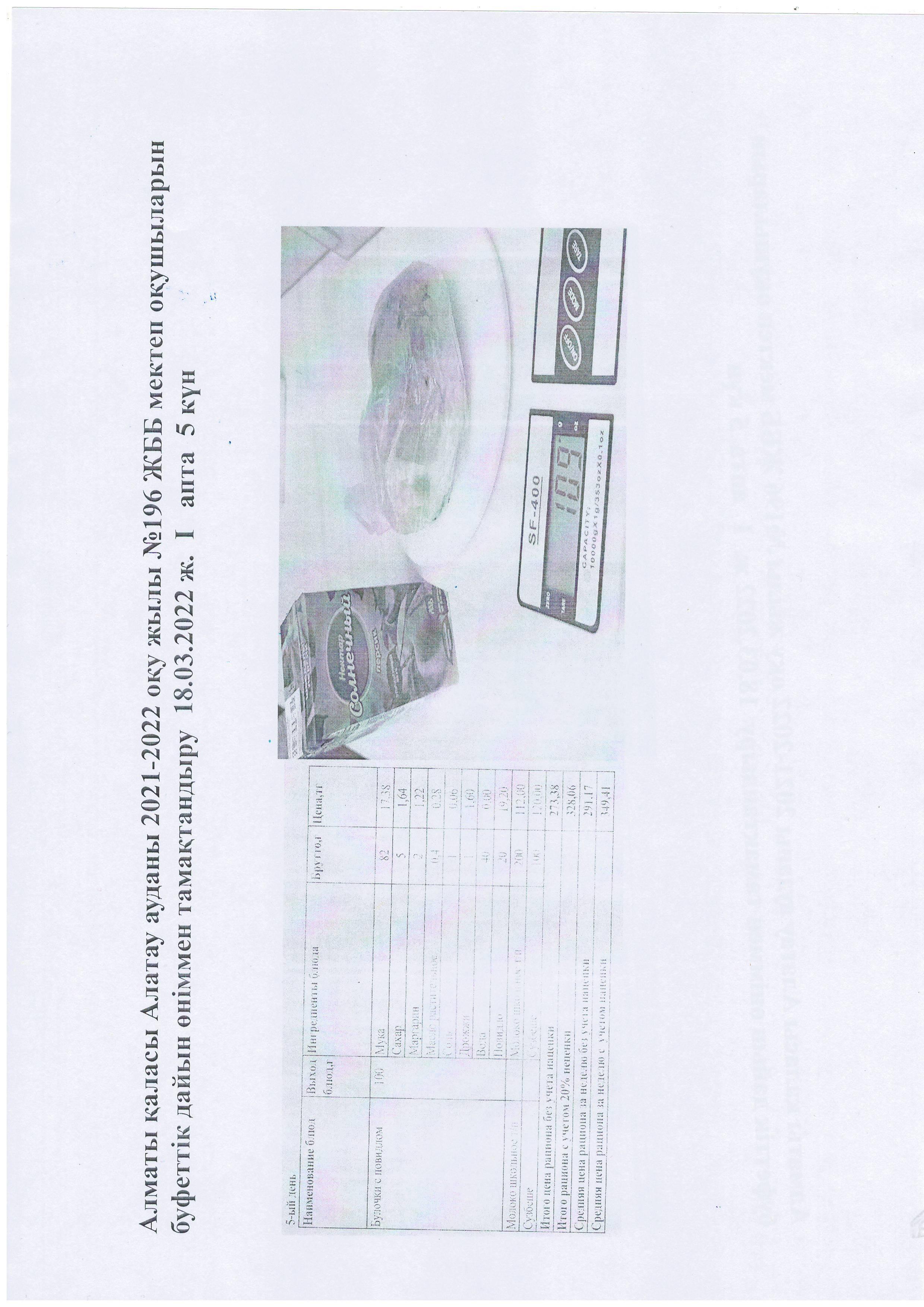 Алматы қаласы Алатау ауданы 2021-2022 оқу жылы №196 ЖББ мектеп оқушыларын  буфеттік дайын өніммен тамақтандыру  18.03.2022 ж.  І   апта  5 күн
