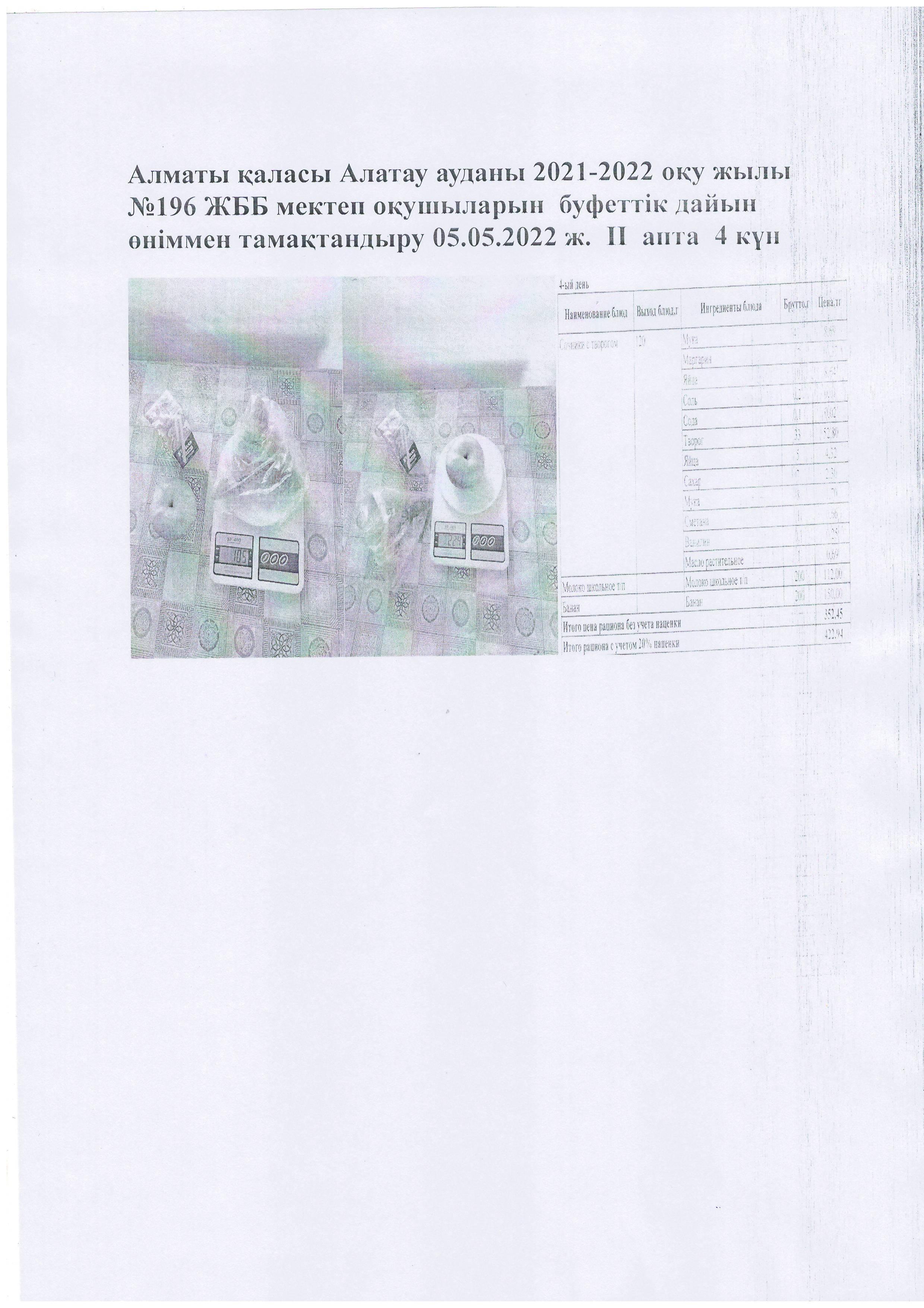 Алматы қаласы Алатау ауданы 2021-2022 оқу жылы №196 ЖББ мектеп оқушыларын  буфеттік дайын өніммен тамақтандыру 05.05.2022 ж.  ІІ  апта  4 күн