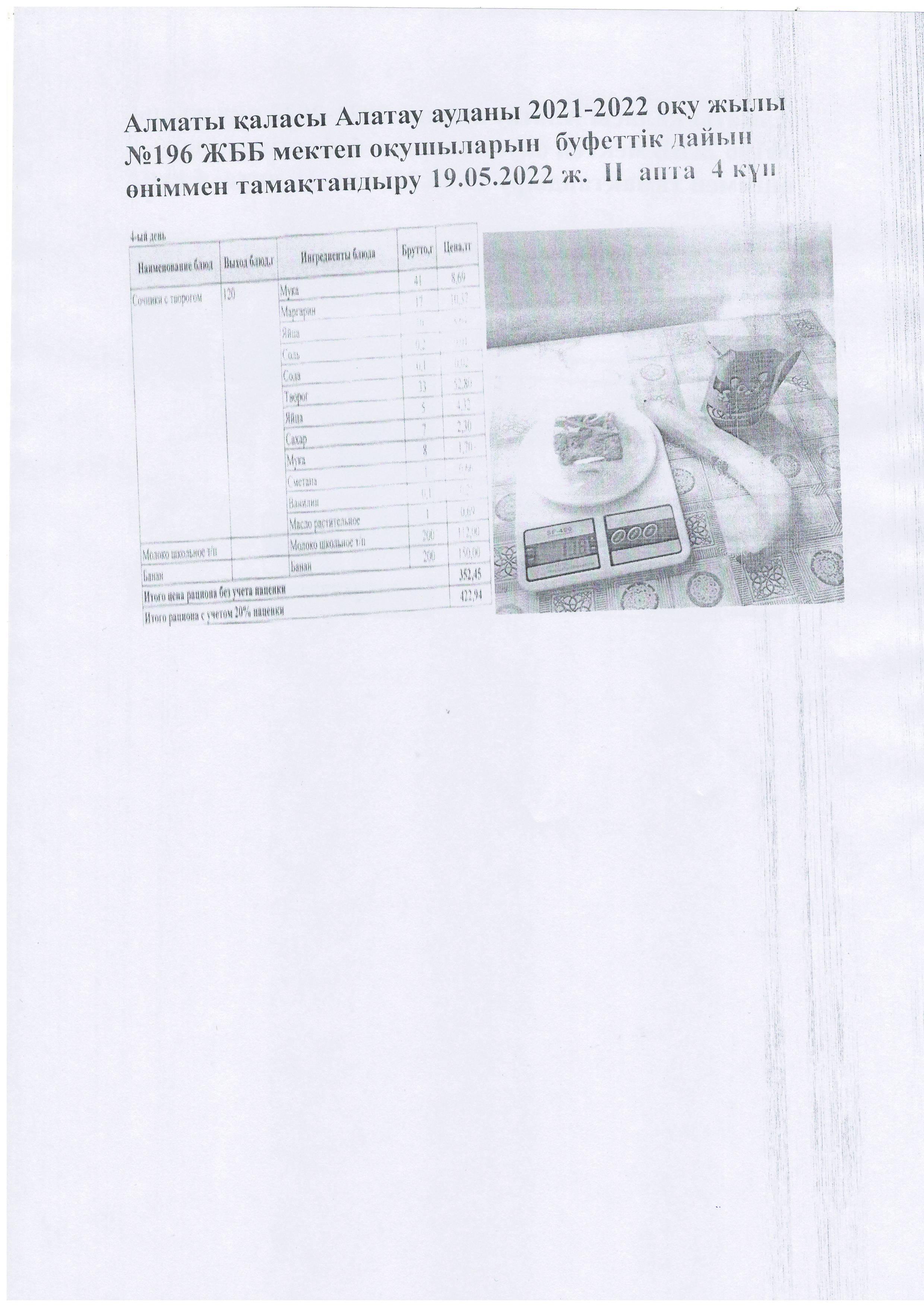 Алматы қаласы Алатау ауданы 2021-2022 оқу жылы №196 ЖББ мектеп оқушыларын  буфеттік дайын өніммен тамақтандыру 19.05.2022 ж.  ІІ  апта  4 күн
