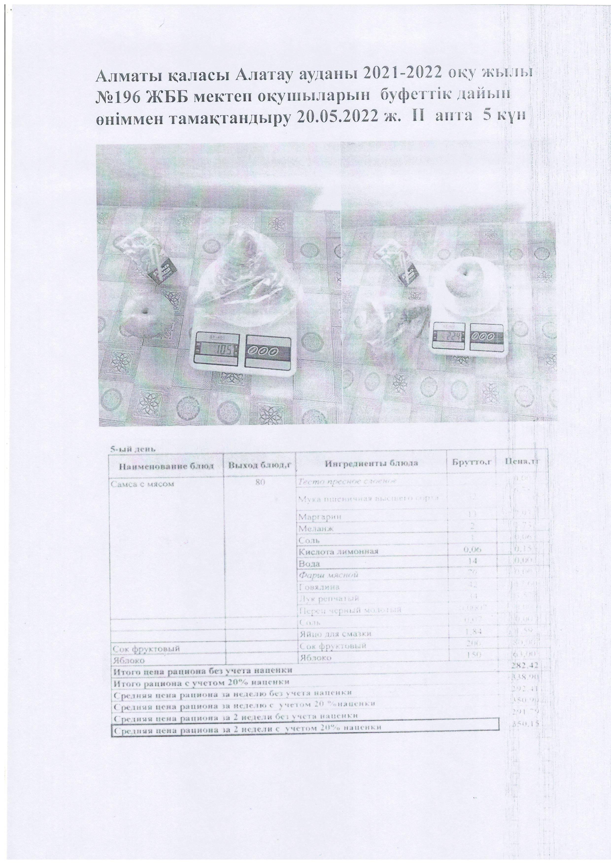 Алматы қаласы Алатау ауданы 2021-2022 оқу жылы №196 ЖББ мектеп оқушыларын  буфеттік дайын өніммен тамақтандыру 20.05.2022 ж.  ІІ  апта  5 күн