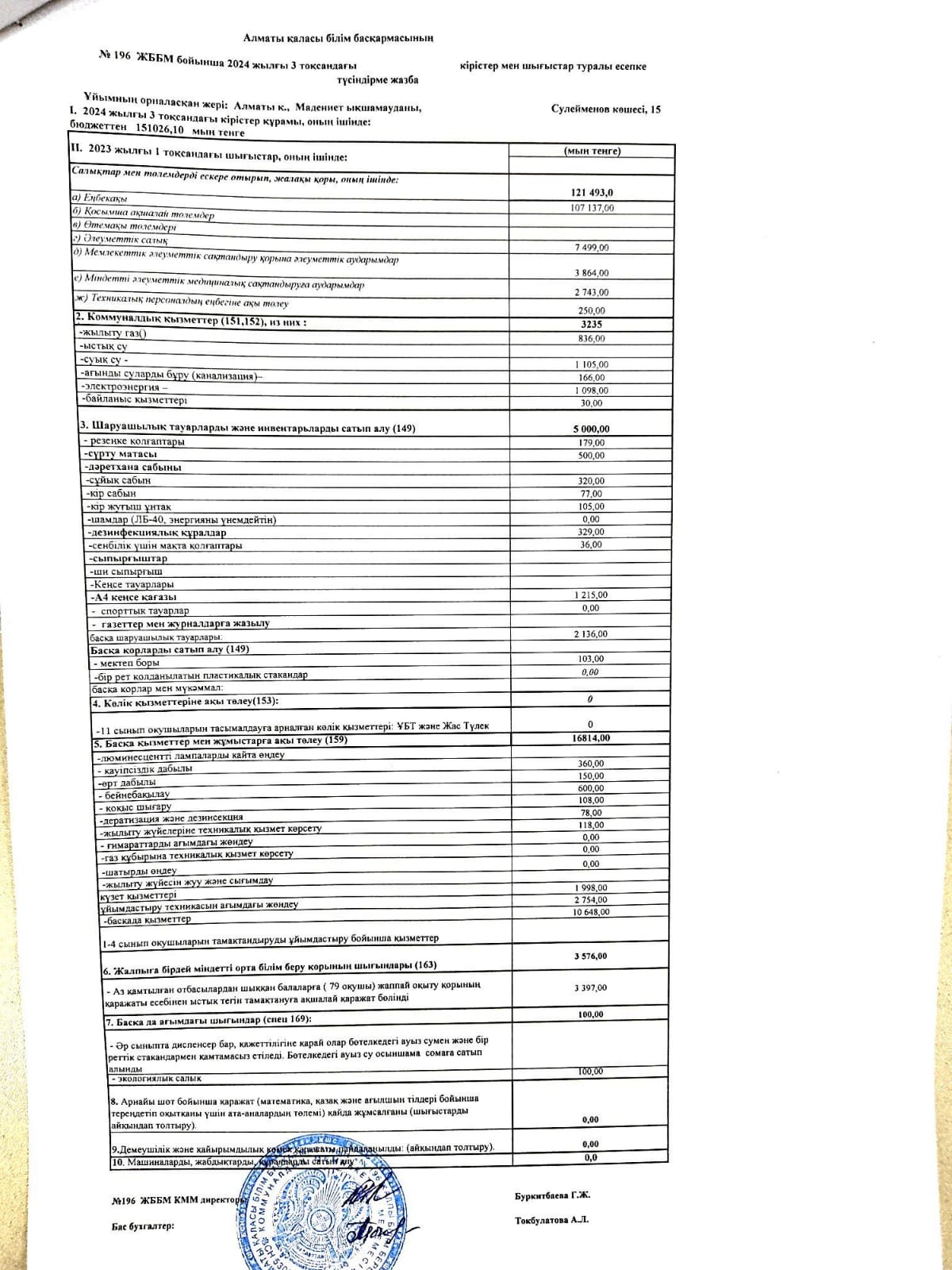 2024 жылғы 3-тоқсандағы кірістер мен шығыстар туралы есеп