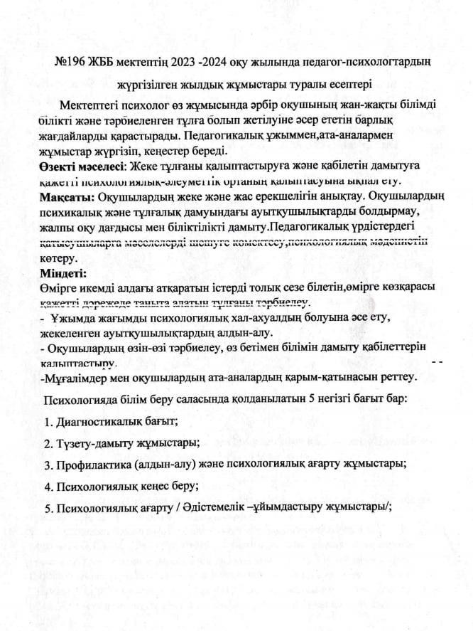 Педагог-психологтің 2023-2024 оқу жылындағы атқарылған жұмыстарының жылдық есебі